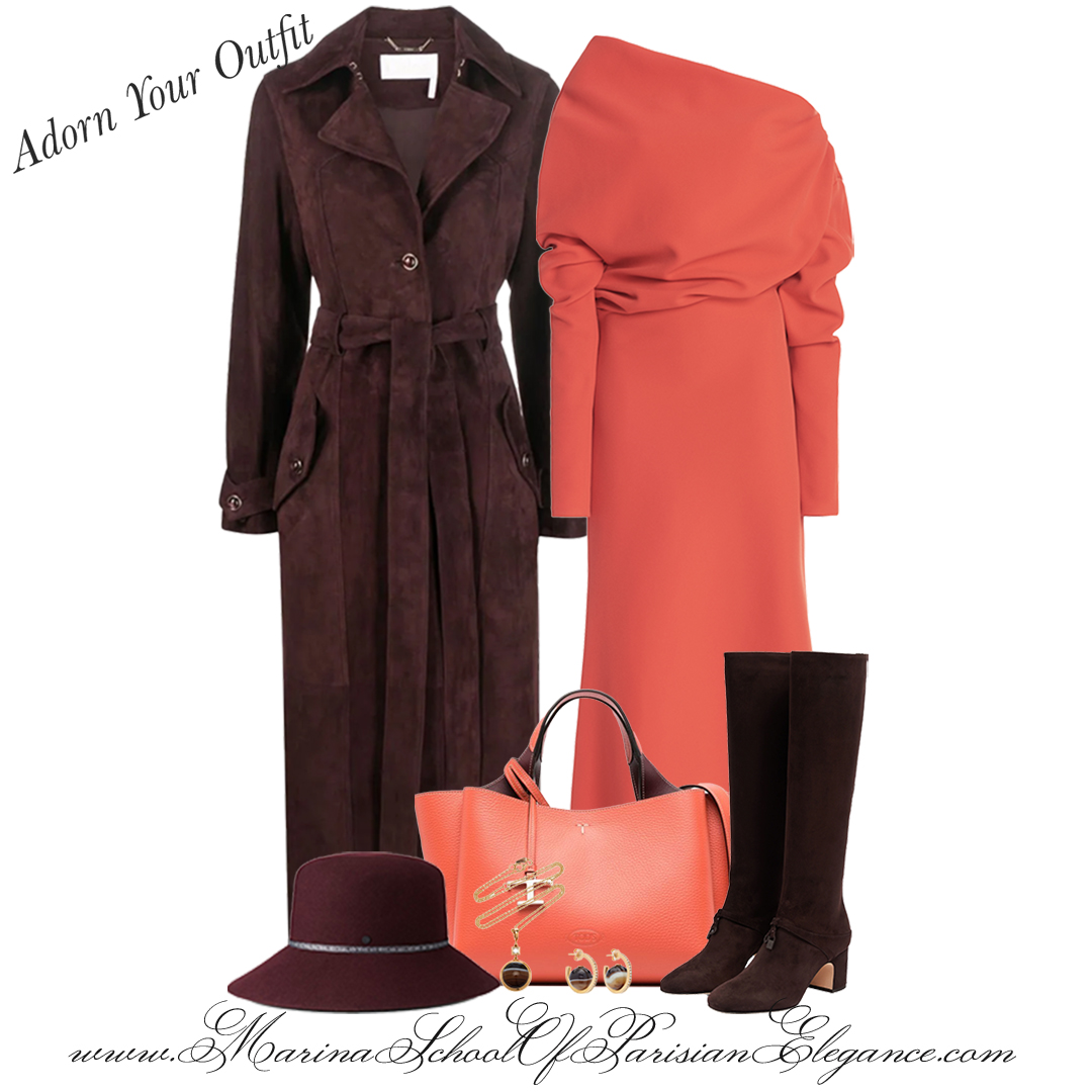 Updating your wardrobe is a whimsical journey, akin to strolling through the picturesque streets of Paris: Persimmon dress and high knee boots