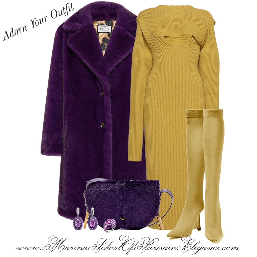 Embracing the Parisian Style: A Parisian Style and Lifestyle Expert's Perspective: grape color coat with mustard yellow dress, and matching thigh high boots