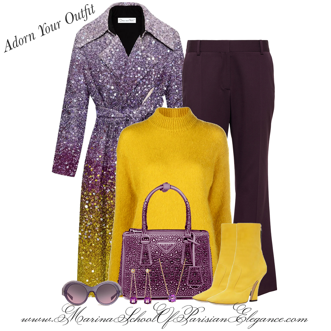 Additionally, it's important to know which style direction to take when replacing your wardrobe: Sparkling grape color coat with purple pant, and yellow sweater