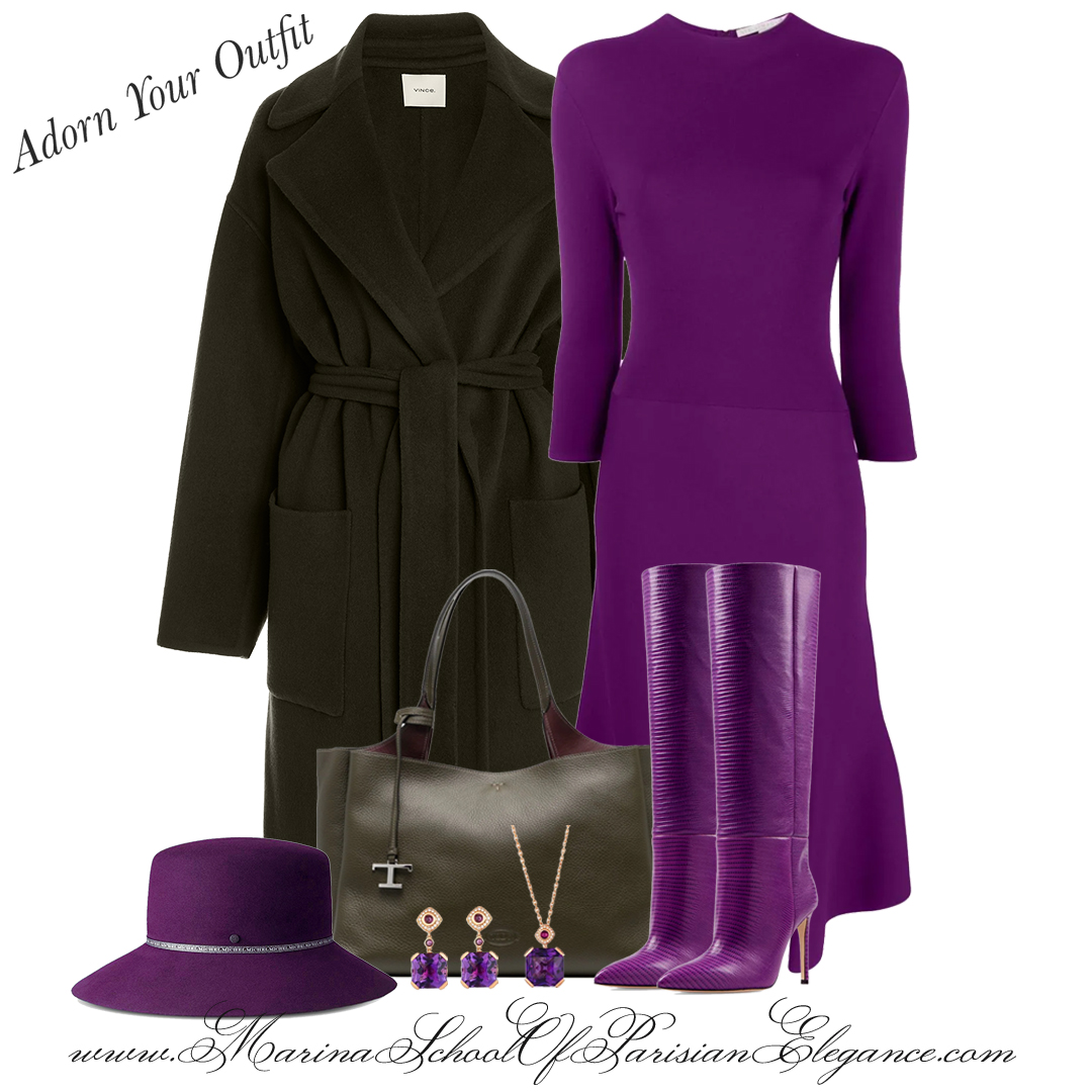 What is French Lifestyle: French inspired purple midi dress, purple boots, and coat. Outfit for the office, and business