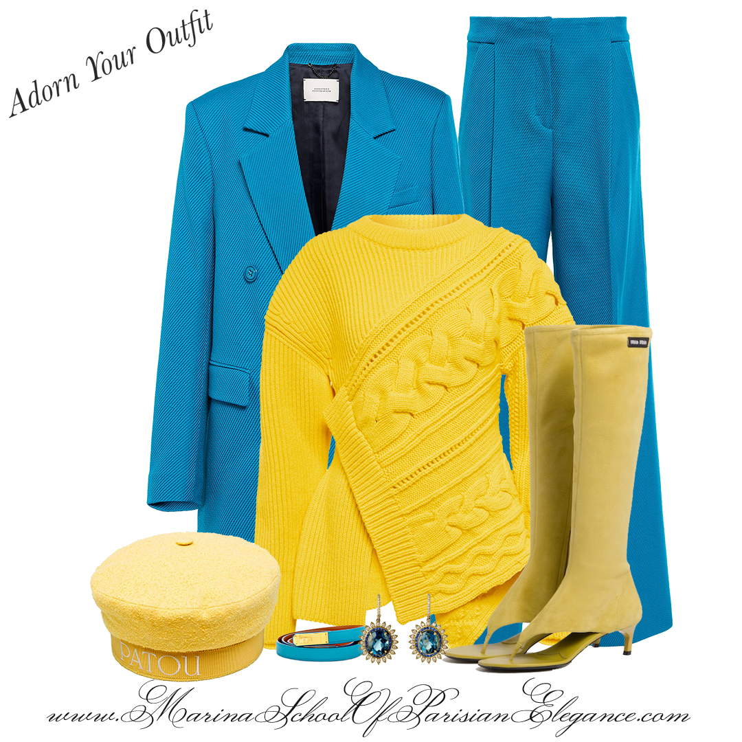 What is French Lifestyle: Blue matching career suit and suit, with yellow sweater top.