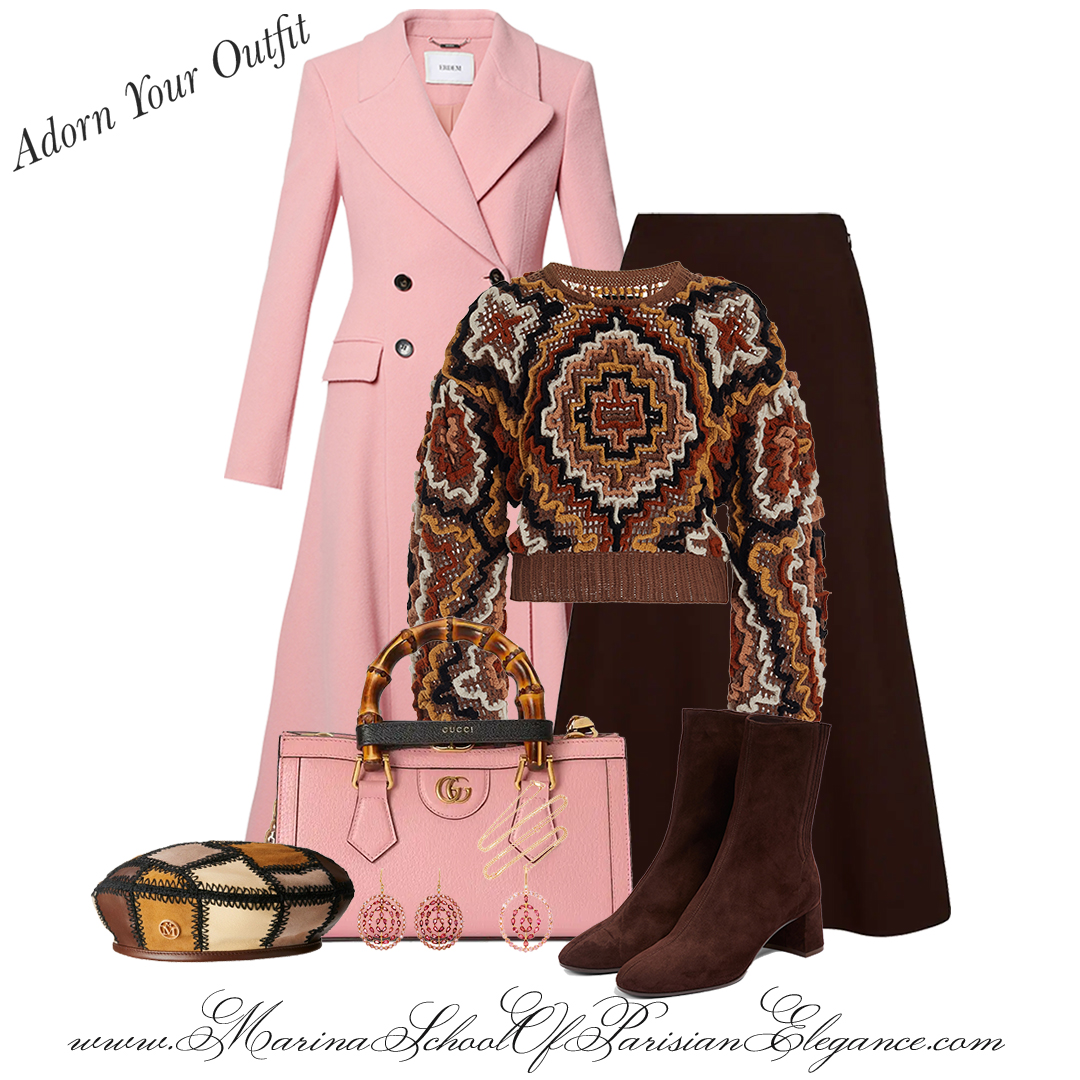 Besides considering the condition and style of your clothes, it's also worth evaluating how well they fit: rose coat with brown skirt, and sweater