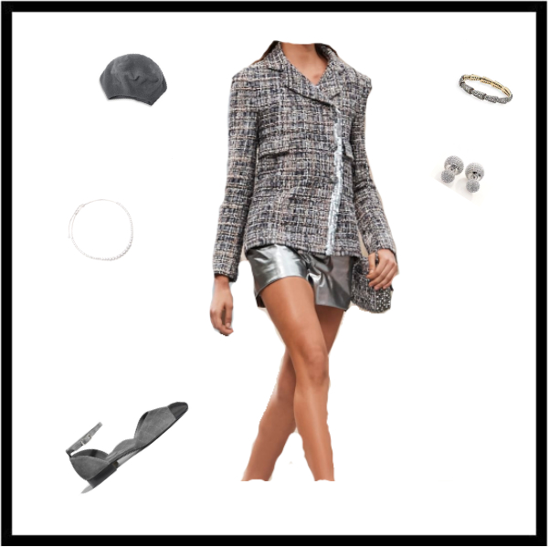 Spring_Summer Parisian Style Fashion Forecast for 2020: monochrome look with grey jacket and metallic short style guide - by the personal stylist expert in Parisian style