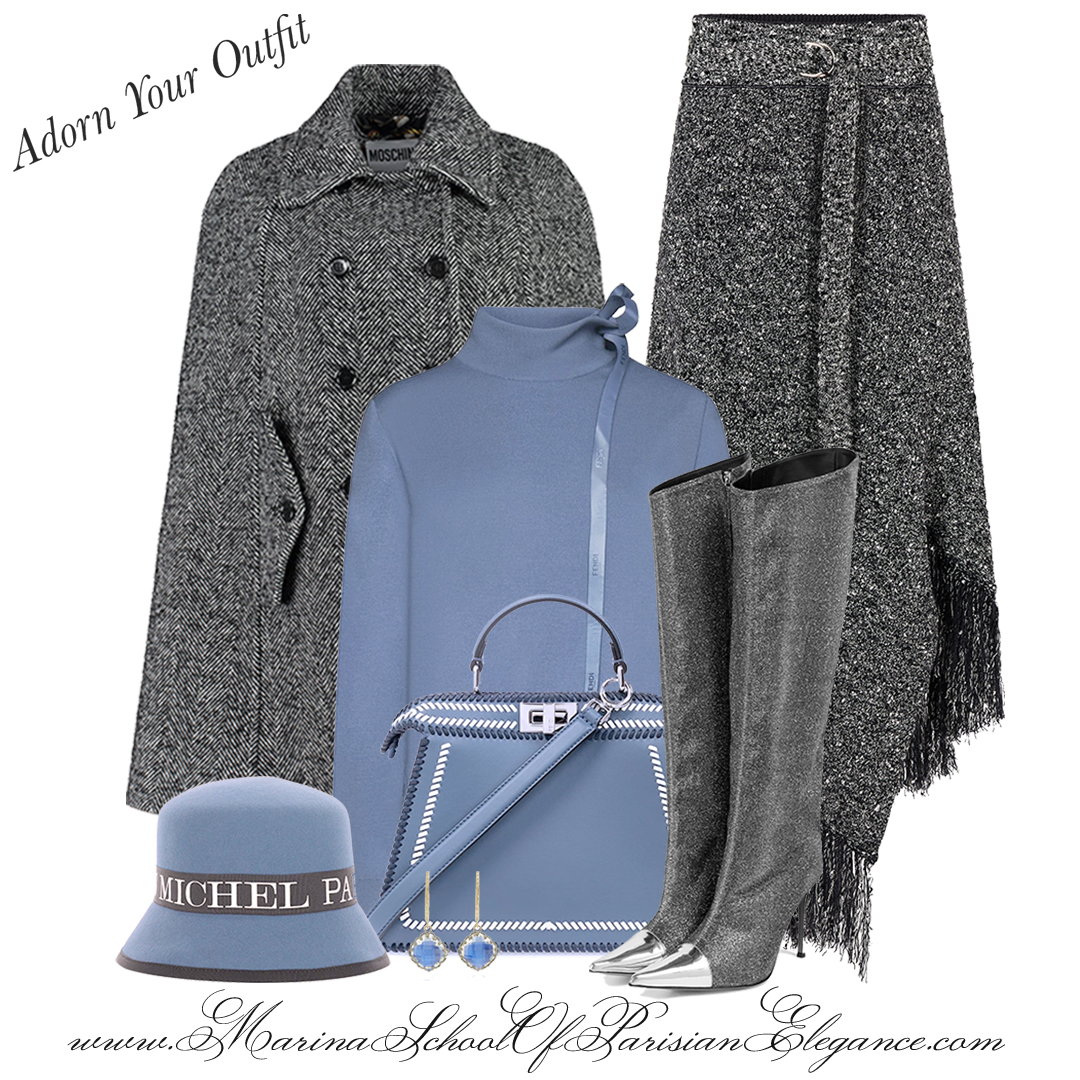 When to Replace, or Update Your Wardrobe: Outfit with a cape coat, grey skirt, and hydrangea sweater