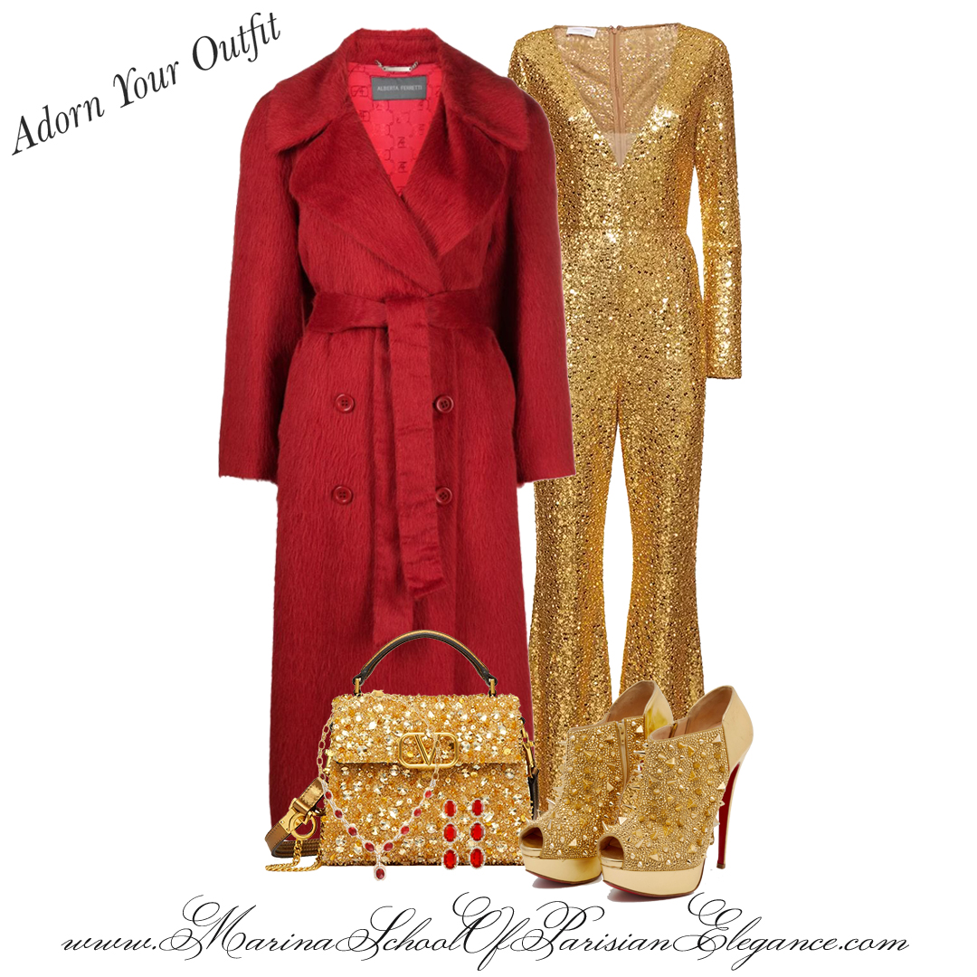 
French Diet and Lifestyle
Gold jumpsuit and red coat - For hot date, Valentine's Day, and New Year's Eve outfit