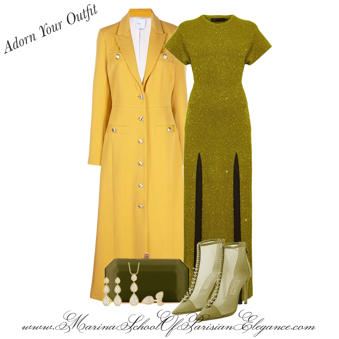 Firstly, on top of considering the overall condition of your clothes, it's essential to pay attention to their style: Olive evening dress with slits, and a yellow coat