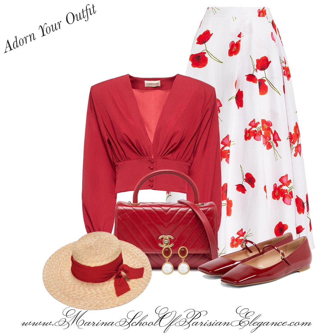 Accessorize with Elegance: Summer maxi skirt with a red blouse and flats.