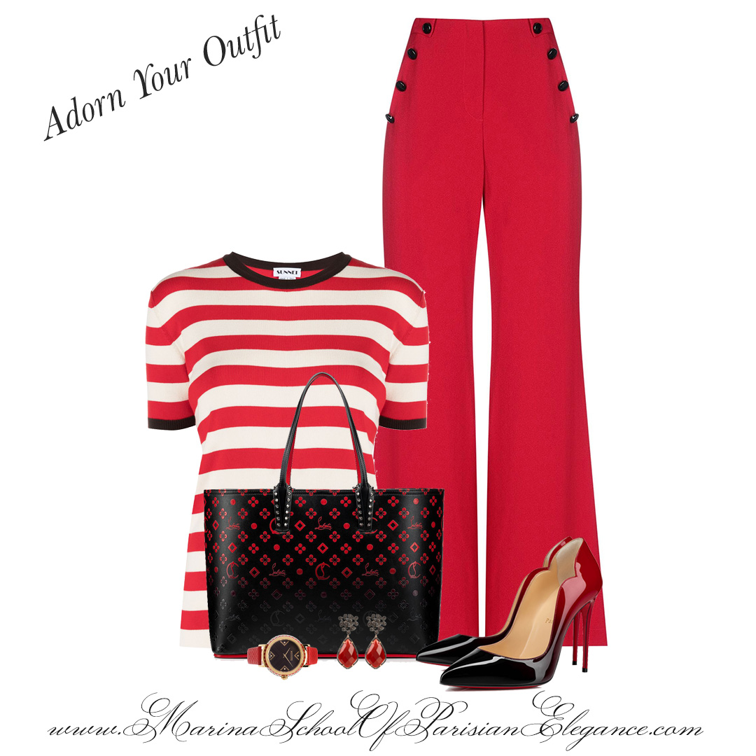Parisian Style Sailor Pant: Red sailor pant with striped top and high heels