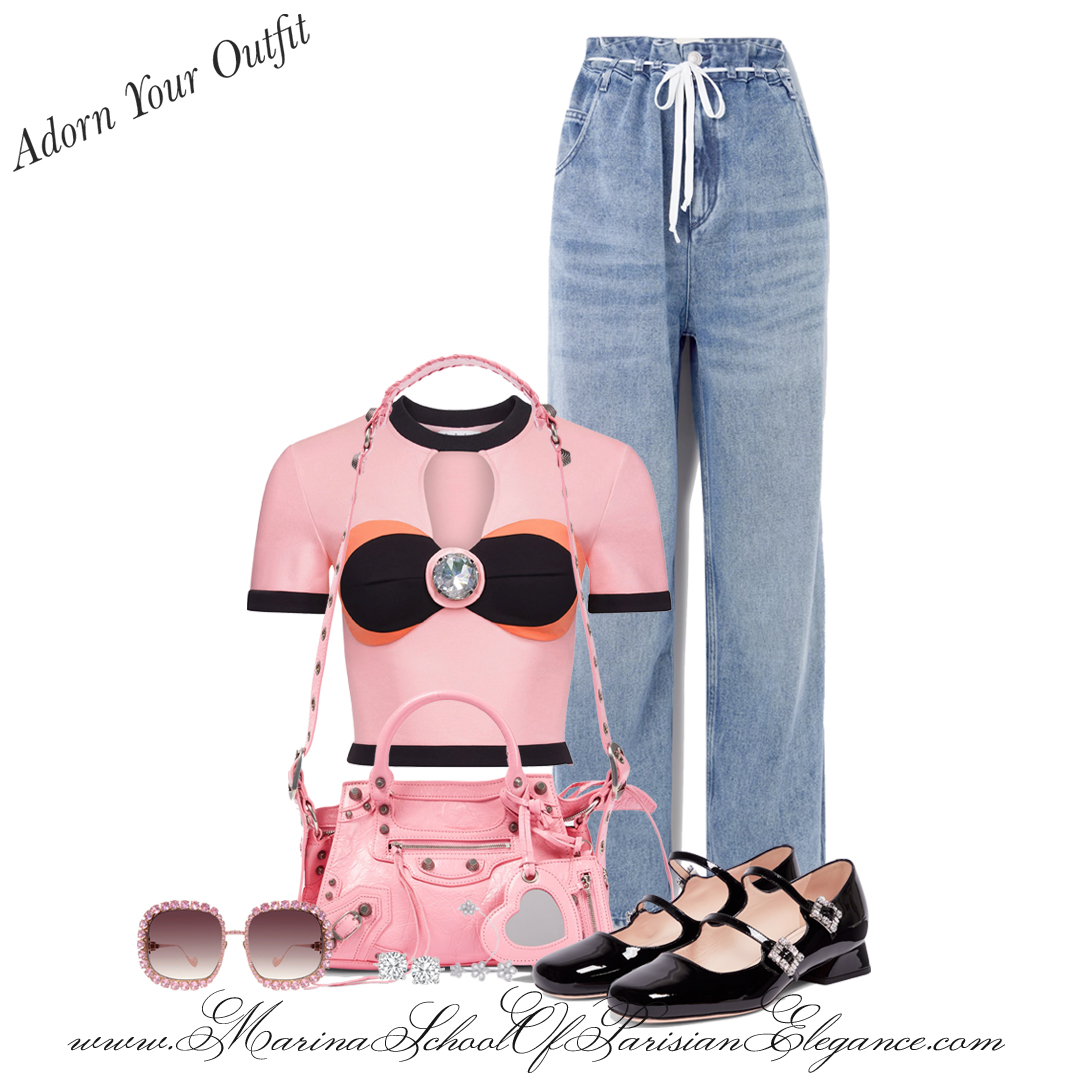 Effortless Silhouettes with Parisian flair- crop top paired with wide-leg jeans and ballet shoes.