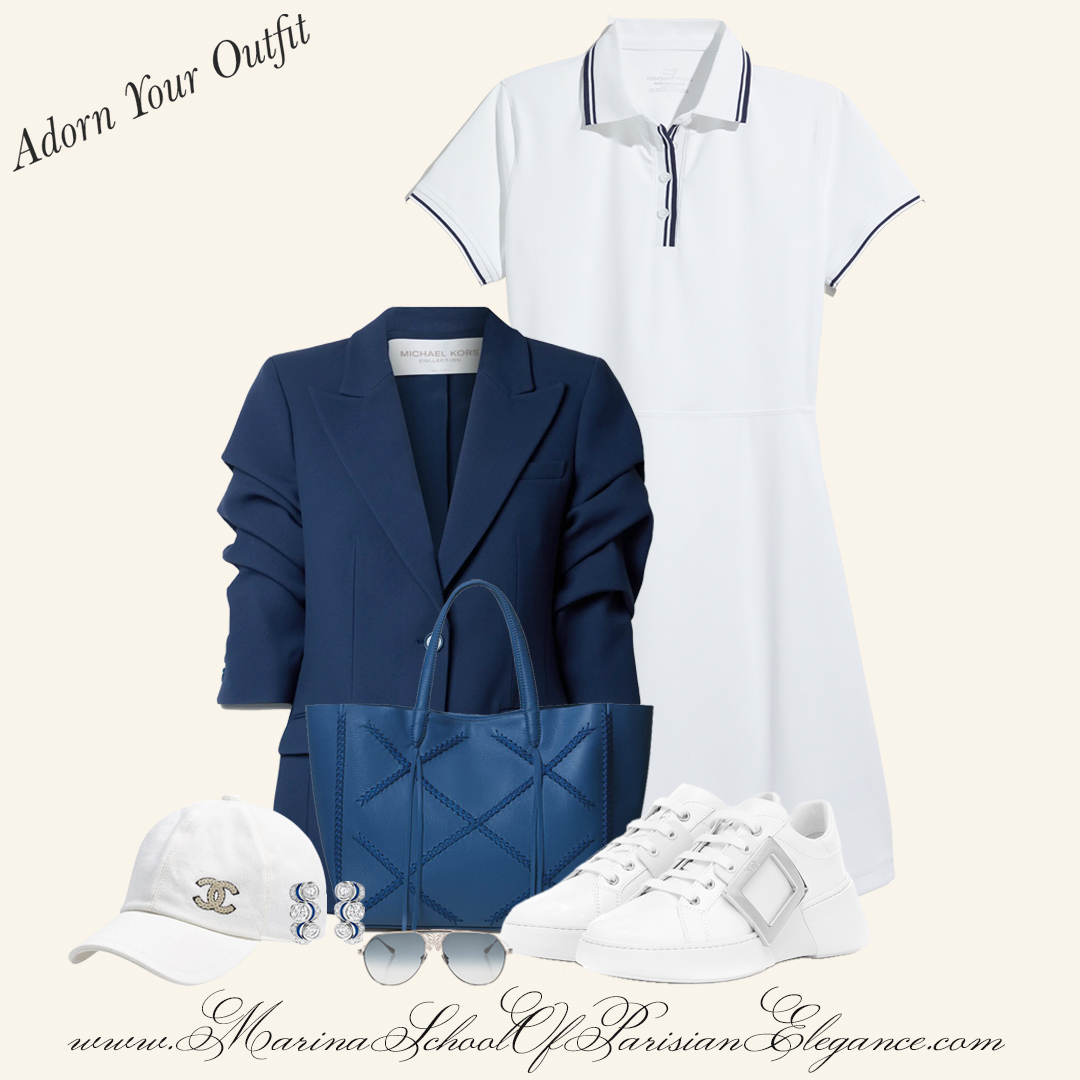 Embrace Effortless Chic: tailored navy blazer, with a polo dress, and sneakers.