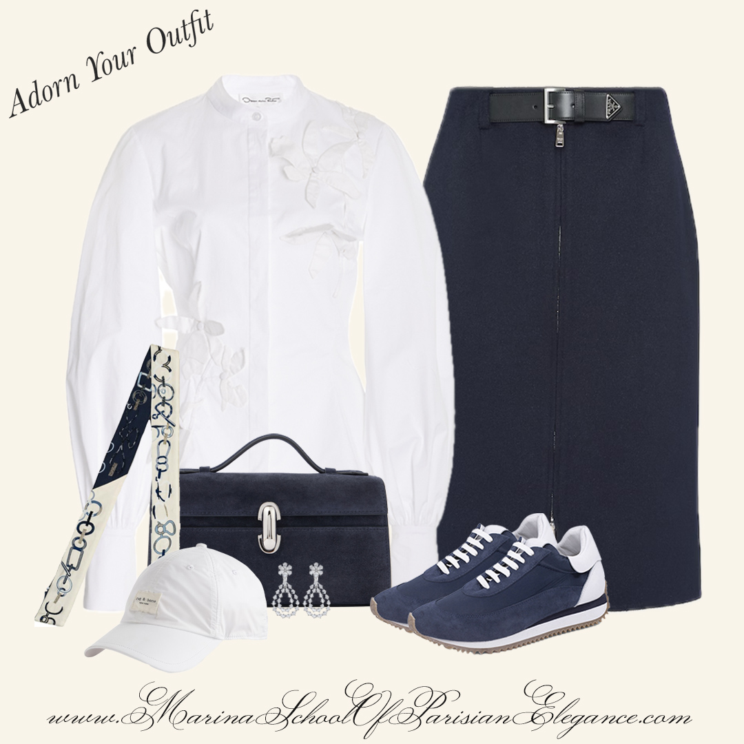 Embrace Effortless Chic: Pencil skirt with long sleeve blouse, and tennis shoes