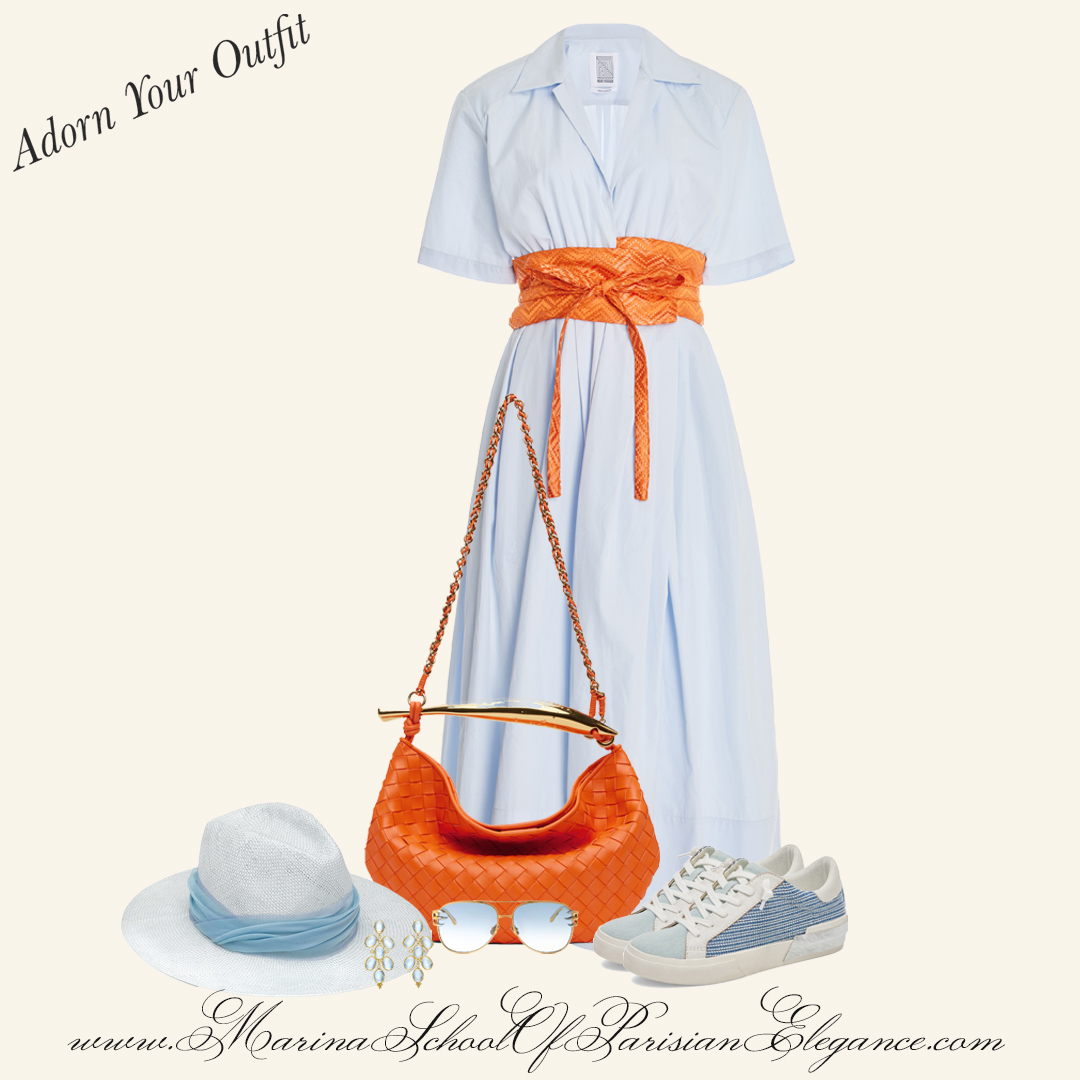 Incorporate Monochrome Palettes: Summer dress in pale blue with sneakers.