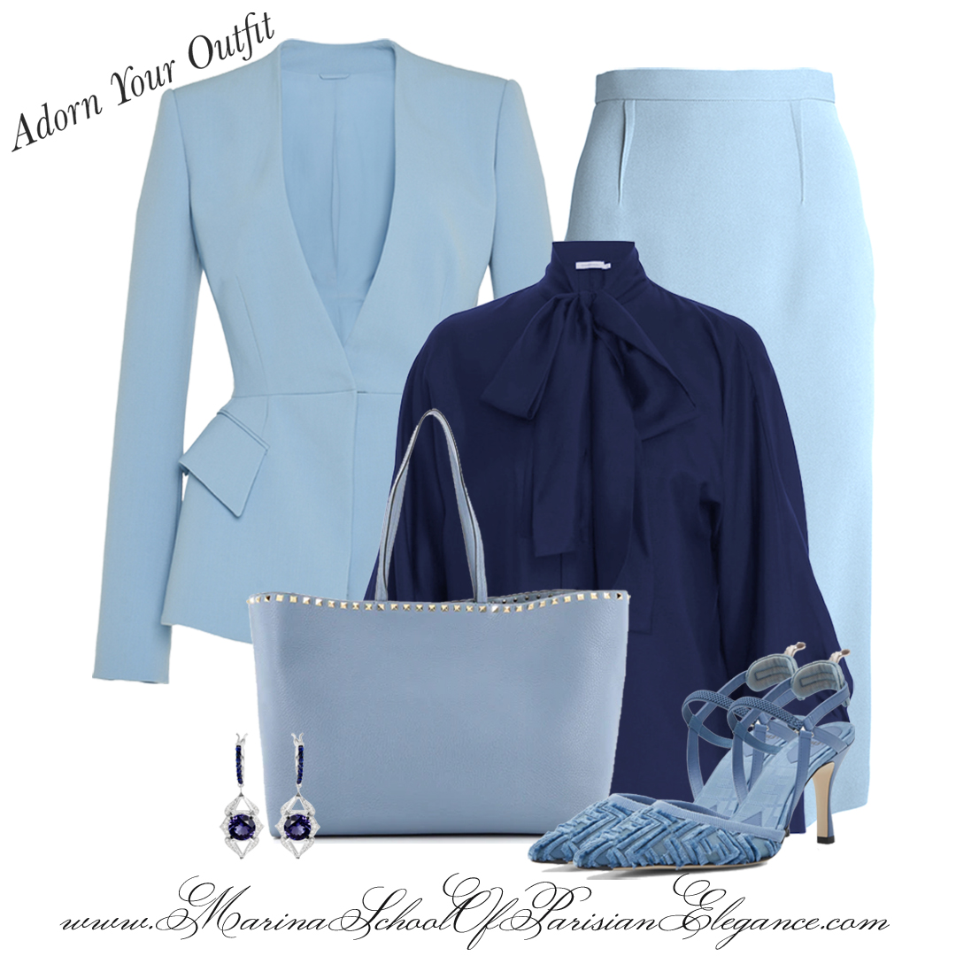 Outfit for the office: light blue career skirt and suit with a navy blouse. 