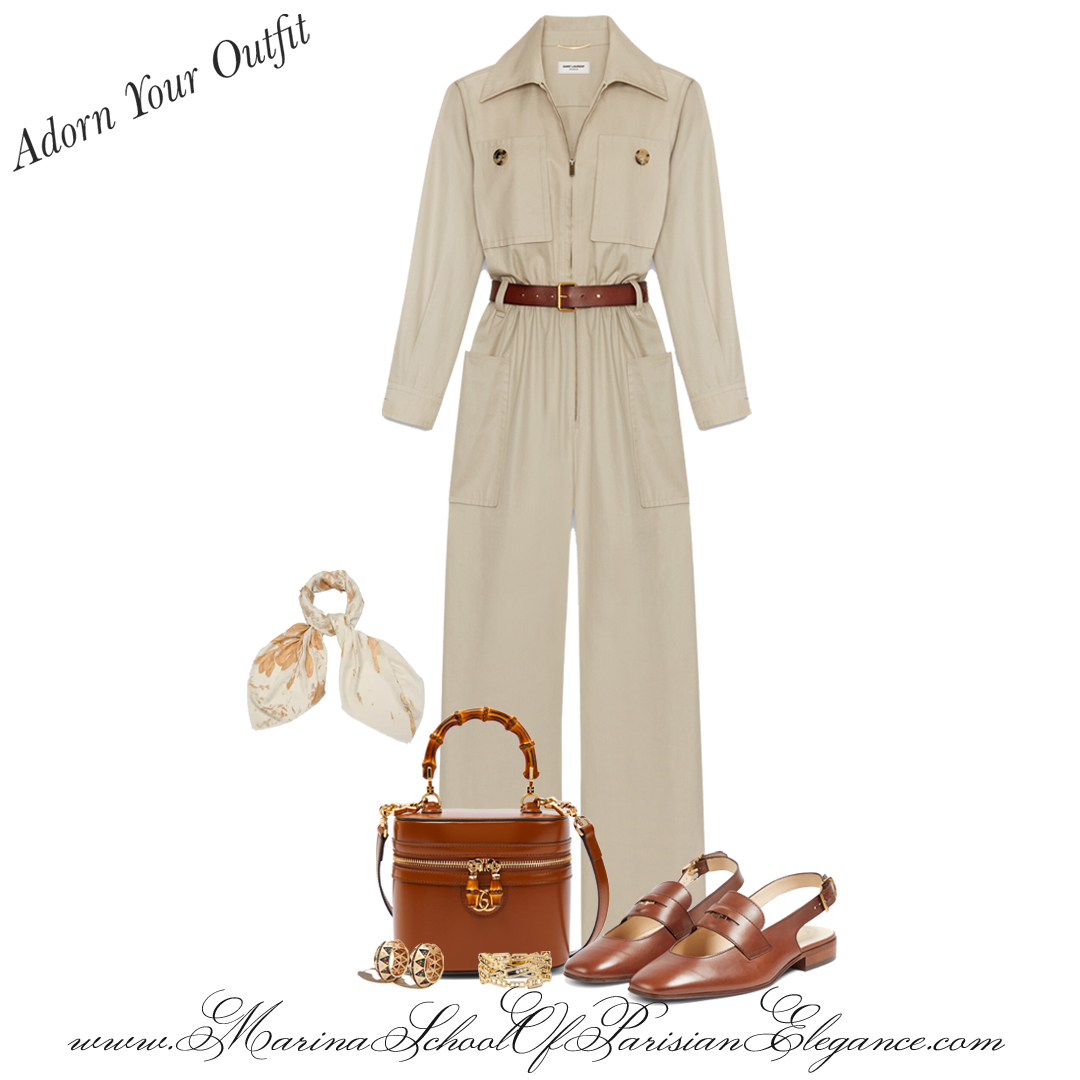 Jumpsuit façon (reminiscent) Indiana Jones with slingback shoes. wear them with kitten heels for a chic but comfortable demeanor at a business event, or at the office.