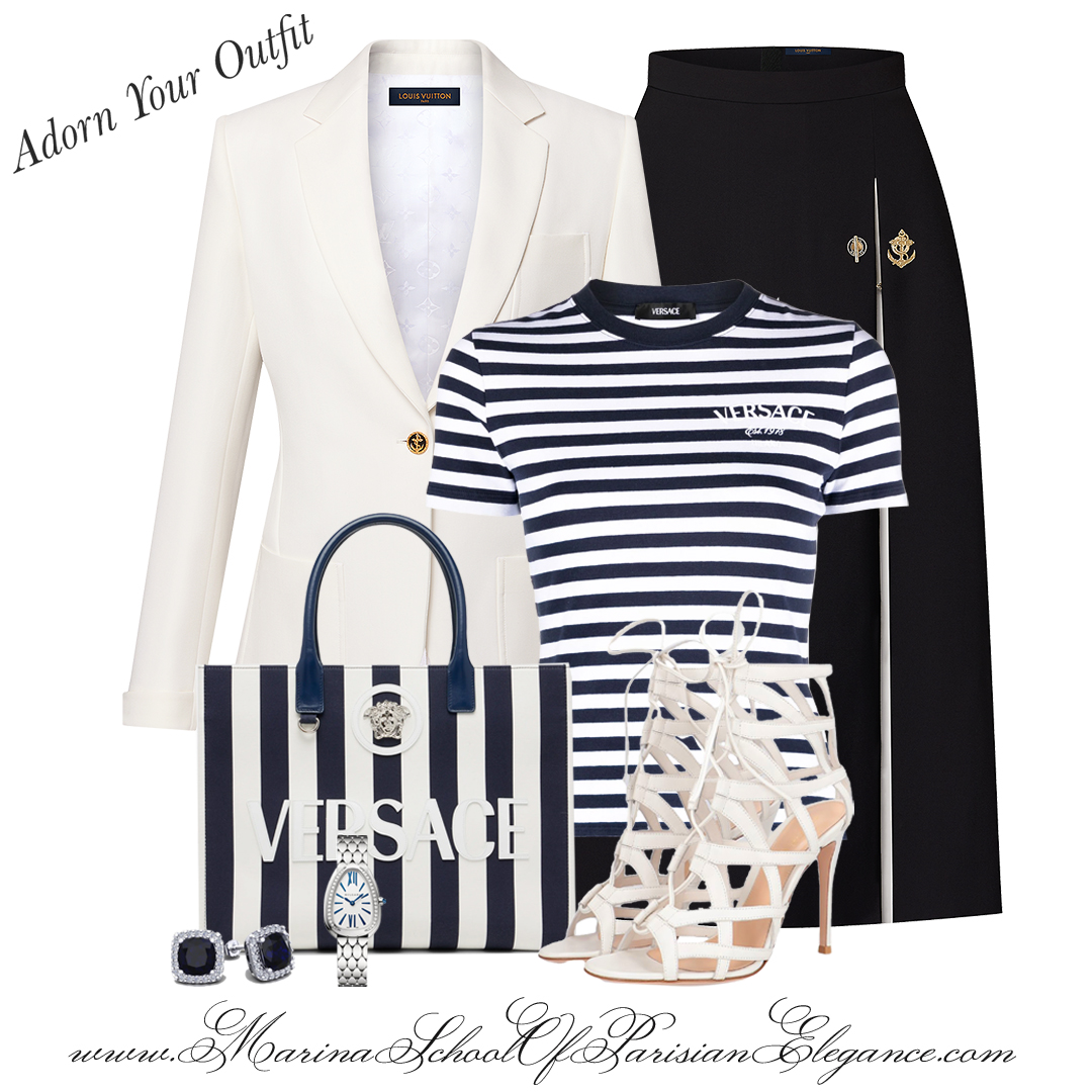 Nautical fashion trends Spring Summer 2024- white striped t-shirt paired with a pencil skirt.