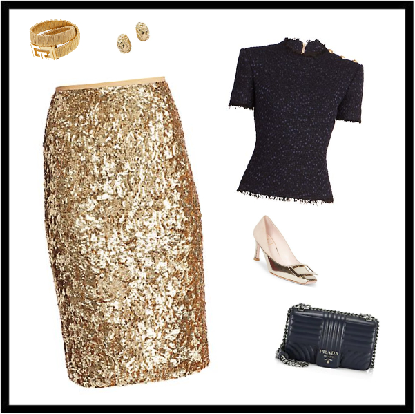 Put Together Outfits You Already Have - Gold Metallic Skirt with Navy Blouse