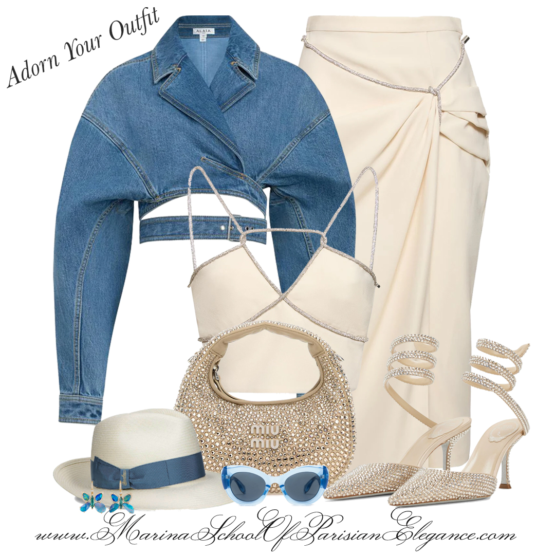 Timeless minimalist with cut out- Summer breezy days outfit with a cut out top a denim jacket and a straw hat for a romantic and whimsical look.