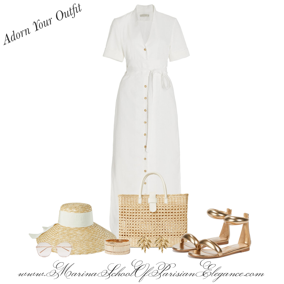 Your possible suitcases’ outfits for Hawaii: White short sleeved shirt dress with sandals, and a straw hat