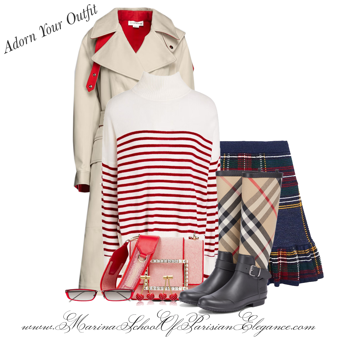 What to wear in Hawaii during Fall/Winter: Striped sweater with short wool blend skirt, a trench, and rain boots