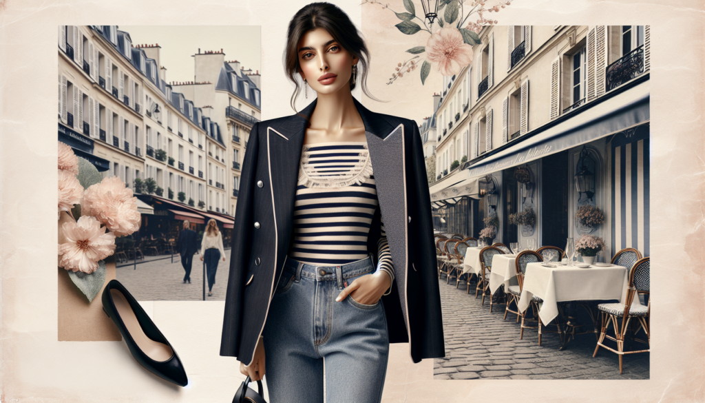 Embracing Parisian Style: a parisian woman wearing a tailored blazer with striped Breton top