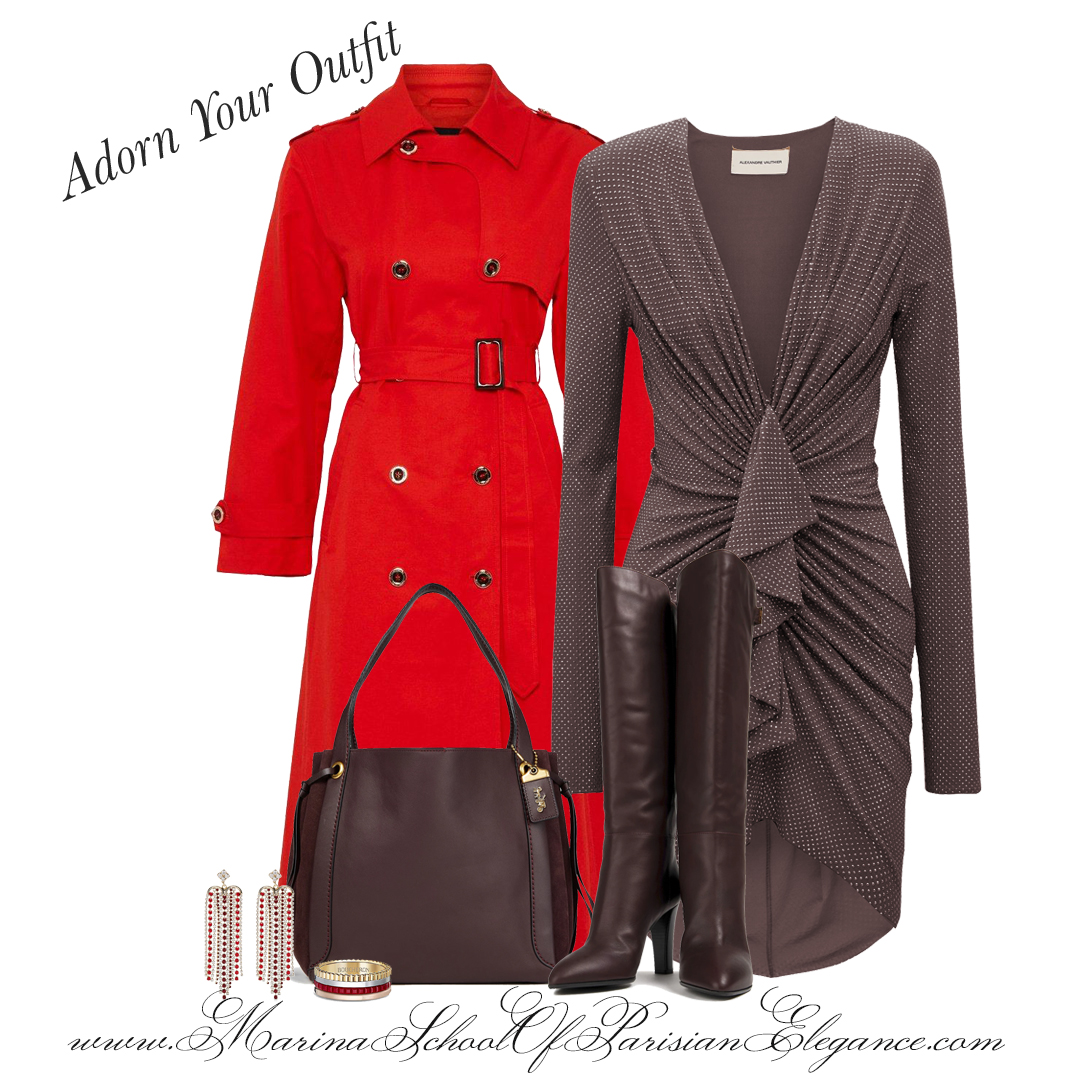 Let me help build your Parisian Style closet: Red color trench with a cocktail or New Year's Eve  dress