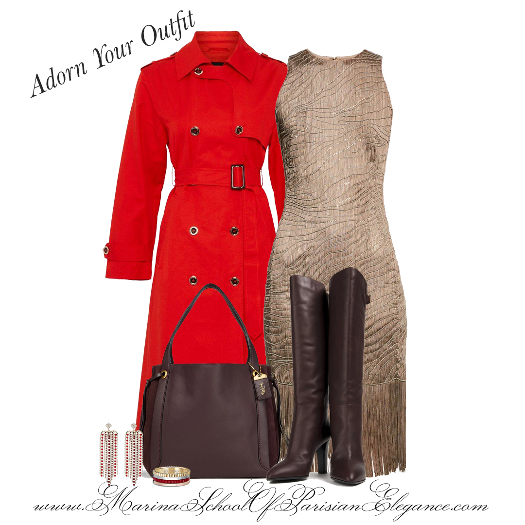 How to wear the trench like the French: red color trench with with golden dress