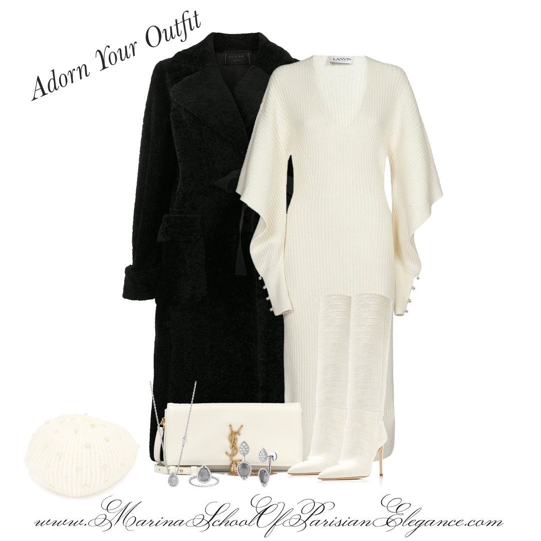 Fall/ Winter 2021 Paris style over 40 Forecast: White sweater dress with heels for online business coach